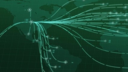 Flat 2D vector graphs and charts with data points indicators of departures and arrivals from the USA America to other countries. World map with connections. Global Trading. Futuristic 4K 3D Animation - Powered by Adobe