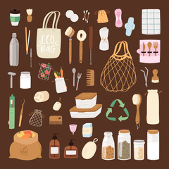 Big set of Zero Waste recycle reusable products: glass jars, eco bags, straws, metal bottle, wooden cutlery, comb, toothbrush, brushes, menstrual cup and pads, thermo mug. Durable vector collection