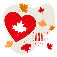 happy canada day and heart with maple leafs decoration vector illustration design