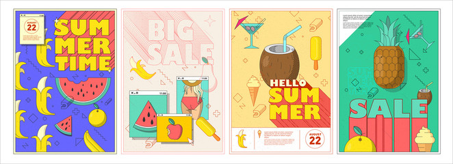 Vector illustration. A set of modern posters. Summer backgrounds, summer time, big sales. Abstract backgrounds.