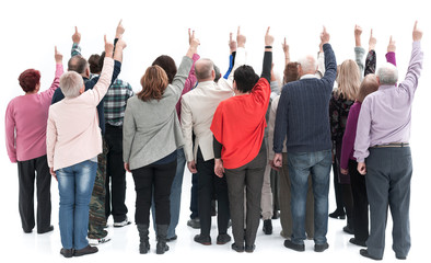 Group of adults people raising their hands up