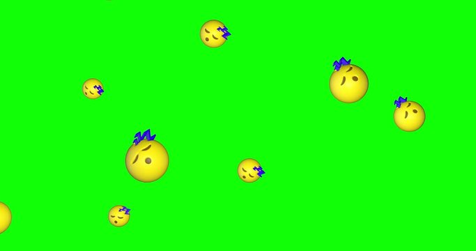 Rain of emojis sleeping falling on green screen background. Dreaming expresion emoticons flying in chroma key. Closed eyes face with zzz. Social media concept. 4k animation