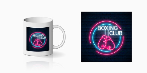 Glowing neon boxing club sign in circle frames for cup design. Fighting club neon signboard design, banner in neon style on mug mockup. Vector shiny design element.