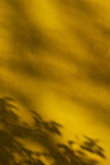 Abstract composition of leaves shadows on the yellow wall texture. Creative background