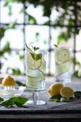 Lime, cucumber, parsley cocktail, lemonade, detox water with ice cubes in a glasses on a white plate. Detox cucumber and mint diet drink, healthy summer cooler.
