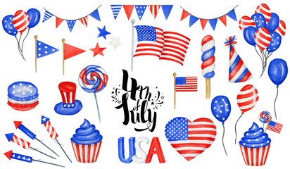 Fototapeta premium Happy 4th of July USA Independence Day elements set with american national flag, sweets, balloons, hand lettering text design. Celebration party Poster, Sale Banner, advertisement, web template