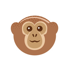 Monkey face in flat style on white background. Animal Cartoon head illustration. Ape Isolated vector icon. Zoo party mask. Childrens simple clip art, front view