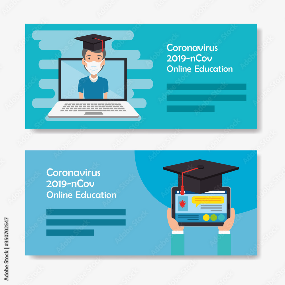 Canvas Prints set scenes graduation of education online for 2019 ncov vector illustration design