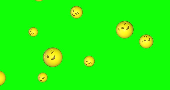 Rain of emojis winking falling on green screen background. Wink emoticons flying in chroma key. Smiley face with approval expresion. Social media concept. 4k animation