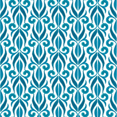 Fototapeta na wymiar Seamless watercolor pattern. Hand painted vintage blue and white ornament. Ethnic fabric texture. Tile.