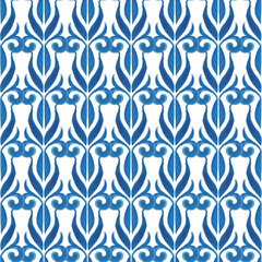 Seamless watercolor pattern. Hand painted vintage blue and white ornament.  ethnic motif.