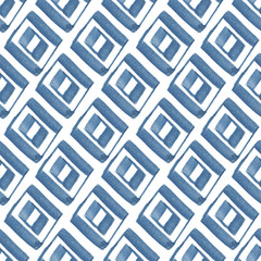 Seamless watercolor pattern. Hand painted vintage blue and white ornament. Geometric design.
