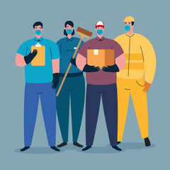 workers group using medical masks for covid 19 pandemic vector illustration design