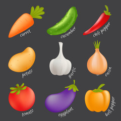 Vegetables vector set. Cartoon healthy food concept with isolated veggies - carrot, cucumber, paprika, potato, garlic, onion, tomato, eggplant, bell pepper