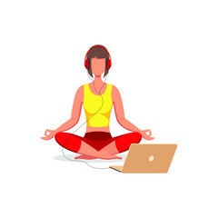 Girl meditating in headphones with a laptop. Concept of online yoga, spending free time. Vector stock illustration isolated on white background.