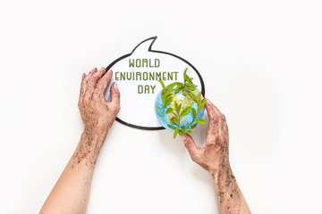 World Earth Day, Planet in green plants and hands protect it. Symbol of protection of ecology, environment,World Environment Day