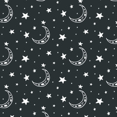 Pattern with moon and stars. Vector doodle style pattern. Vector ornament with outer space.