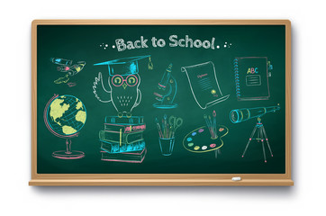 Education objects on chalkboard background