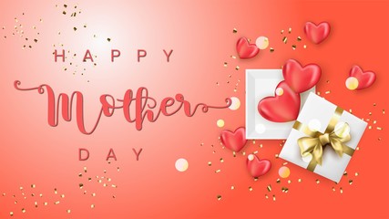 card or banner for Mother's Day with a gift and its gold ribbon of pink hearts around the gift on a pink and white gradient background
