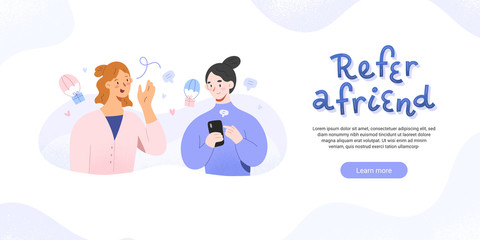 Refer program web banner with illustration of women sharing refferal links getting gifts and bonus from company, loyalty program website template, female cartoon characters, referral concept