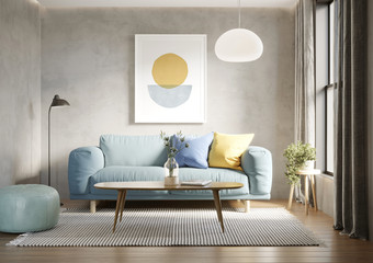 3d render of a room with a light blue sofa an art canvas and blue and yellow cushions	