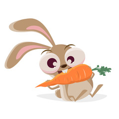 funny cartoon illustration of a crazy rabbit eating a big carrot