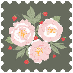 Floral post stamp. Pink peonies and wild strawberries bouquet on a green background. Hand-drawn greeting card design in the style of a post stamp. Modern vector illustration for web and print. 
