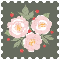 Behang Floral post stamp. Pink peonies and wild strawberries bouquet on a green background. Hand-drawn greeting card design in the style of a post stamp. Modern vector illustration for web and print.  © Lena Lapina