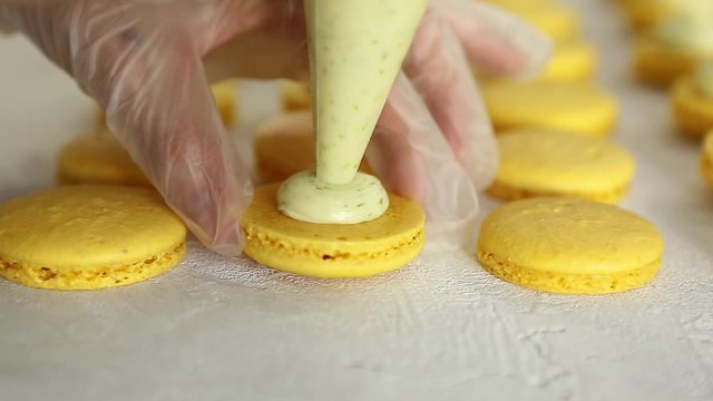 Process of making macaron macaroon, french dessert, squeezing the dough form cooking bag. Hands in gloves