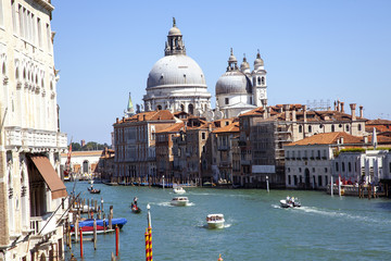August 2016 - Venice, Italy - Venice Lagoon View of the domes of the Church of Santa Maria della Salute, is one of the best expressions of Venetian Baroque architecture