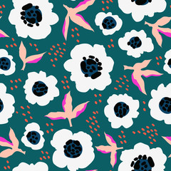 Red flowers abstract pattern. Trendy hand-drawn vector floral pattern design. Seamless texture for web, textile, and stationery. Modern vibrant abstract florals and leaves.