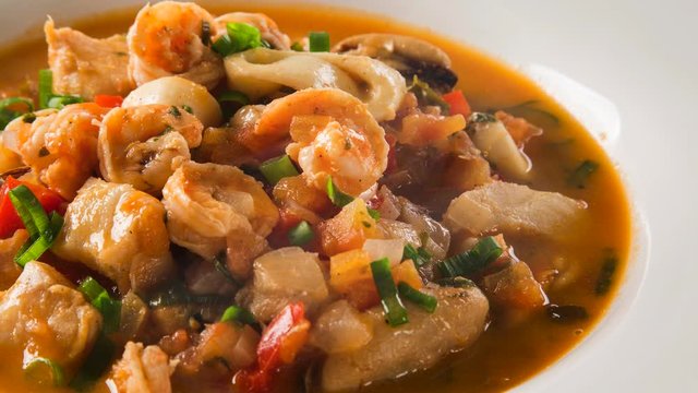 Slide shot Seafood with smoke. Prepared Shellfish. Mediterranean.