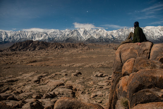 Desert Boulders in the Alabama Hills in front of contiguous Amer