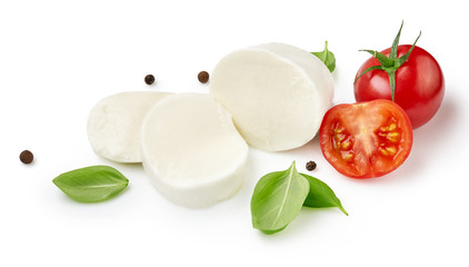 Pieces of mozzarella Buffalo cheese with tomatoes. Sliced cheese with black peppers and basil...