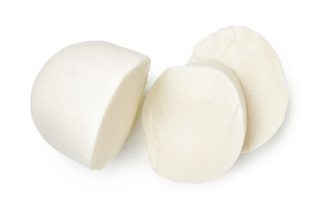 Pieces of mozzarella Buffalo cheese isolated on white background. Top view of sliced cheese.