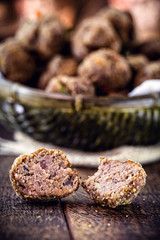 Homemade and organic vegetarian meatballs, meatless food, and animal products. Vegetables, soy and fiber.