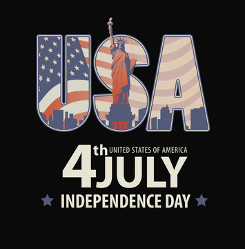 Vector banner with the words July 4, Independence Day and the letters USA with the image of the Statue of Liberty on the background of the American flag and the New York landscape