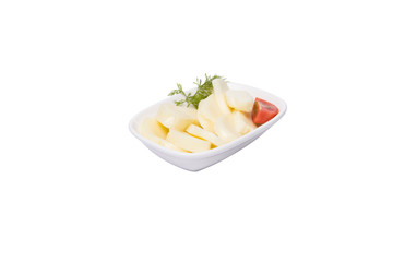 Mesh cheese.  cheese in white plate on white background. Breakfast menu. Tr - orgu peynir