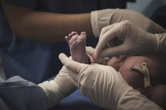 Doctor's hands taking care of baby girl after birth in hospital