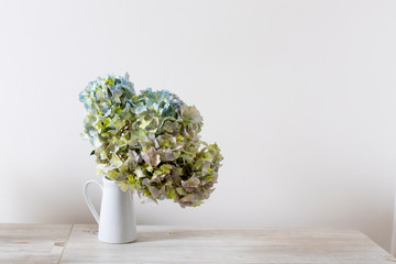 A large branch with green and blue pastel hydrangea in a white jug on a beige table.