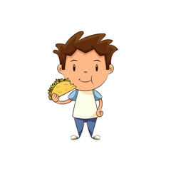 Child eating taco, cute kid fast food