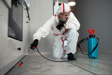 worker in a protective suit cleans the shelves in the kitchen from cockroaches and ants with a...