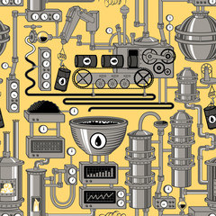 Vector seamless pattern on the theme of of oil refining industry with various industrial equipment, appliances, sensors, devices, mechanisms, pipes on a light green background.