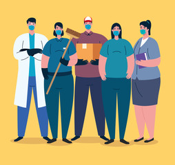 workers group using medical masks for covid 19 pandemic vector illustration design