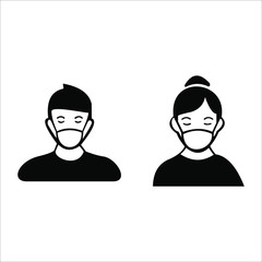 Man and Woman in medical face protection mask. Vector icon of depressed and tired people wearing protective surgical mask. illustration for concepts of disease, sickness, alergies, pollution, corona v