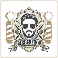 Barbershop Logo with barber pole and bearded men in sunglasses. Vector template