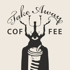 Vector banner on the theme of coffee with the inscription Take away coffee. Creative illustration of a mysterious creature with a beetle head and one eye holding a paper Cup of coffee with a straw