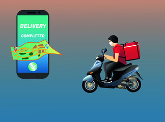 Online delivery concept. Man with respiratoy mask in a scooter delivering through a smartphone app. Vector illustration. Fast Delivery with protection mask.