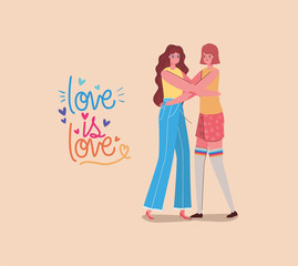 girls with costumes lgtbi flag and love is love vector design
