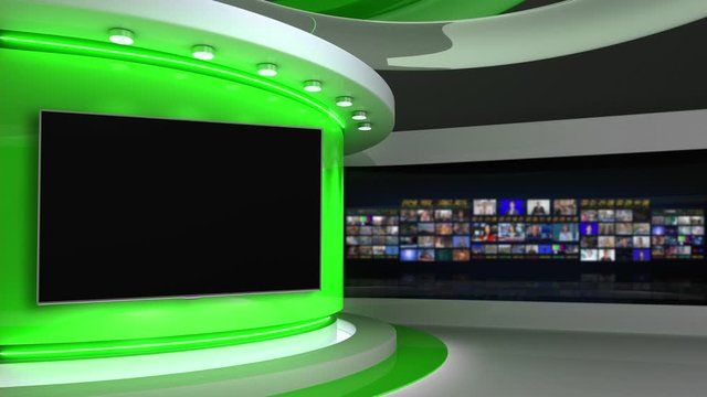 Tv studio. Green. News room. Studio Background. Newsroom bakground. Control room. Backdrop for any green screen or chroma key video production. Blurred of studio at TV station. Loop. 3D rendering. 